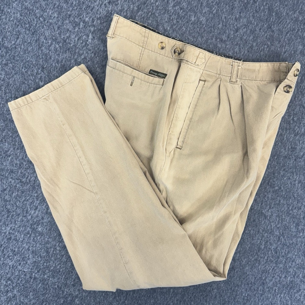 Vintage Tommy Hilfiger Pleated Chino Tan Pants Men 30x32 Side Adjuster Strap Y2K